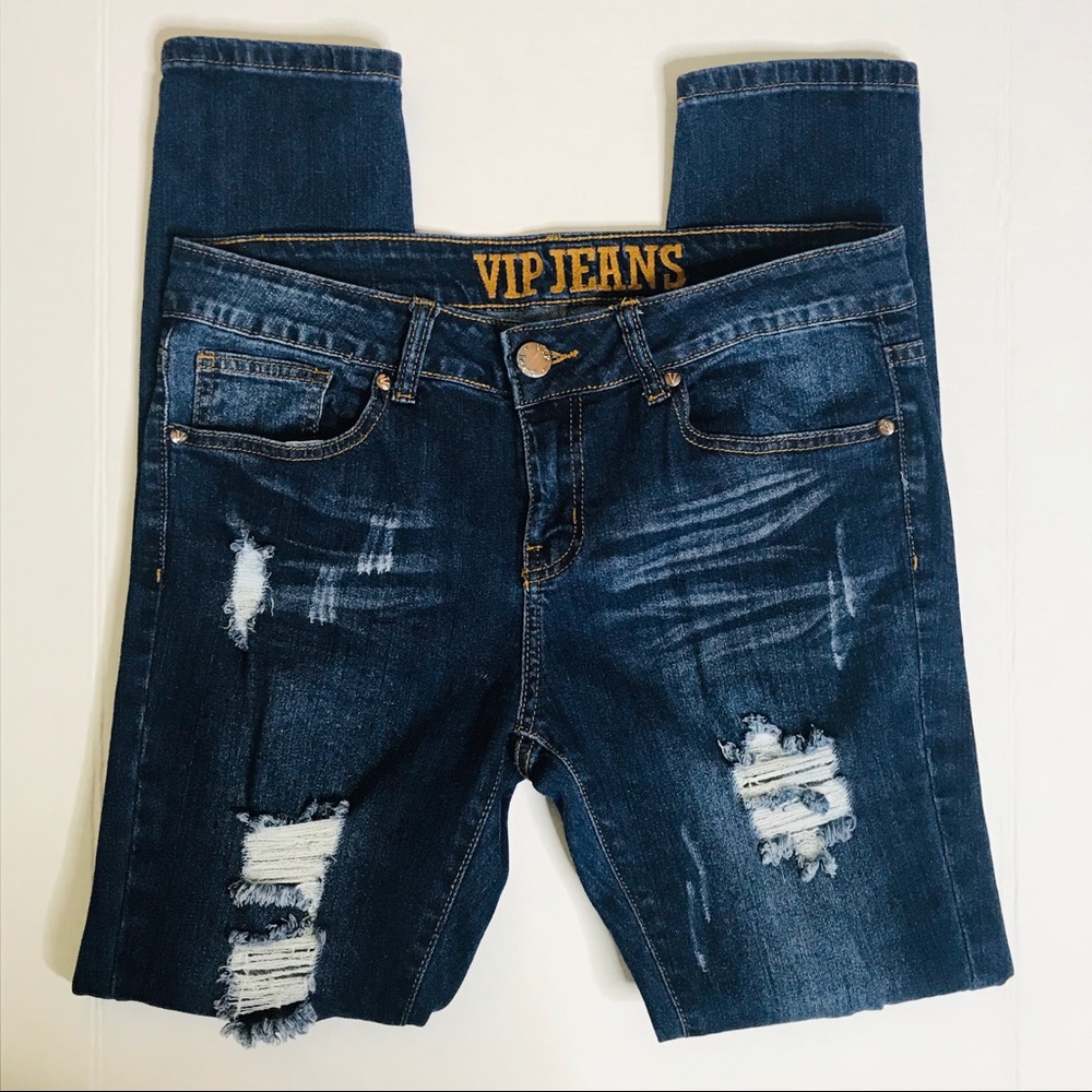 VIP JEANS Trendy Distressed Dark Wash Size 7/8 S